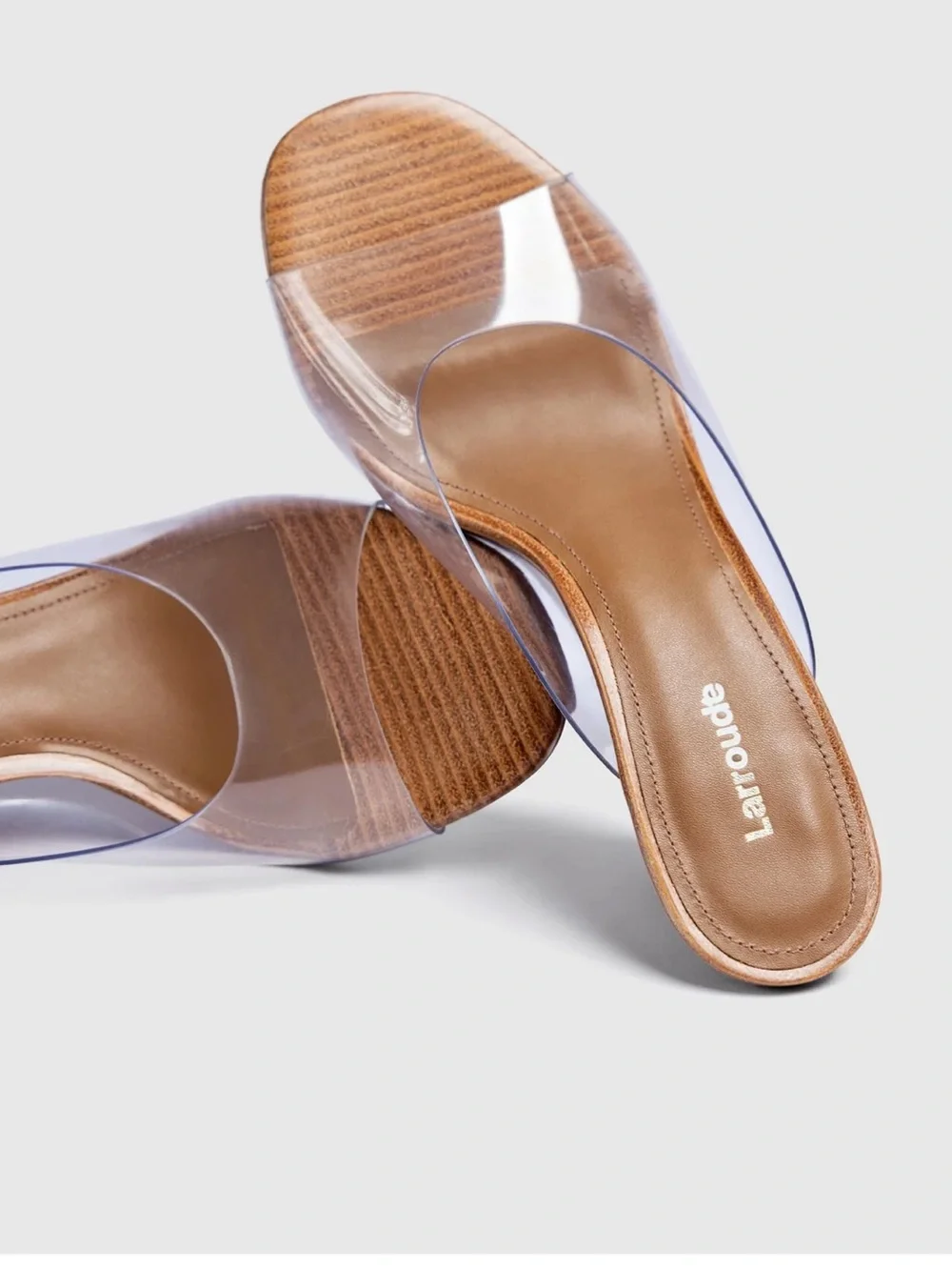 Larroude Clear Vinyl Wedge Mule with Tan Wood-Effect Heel